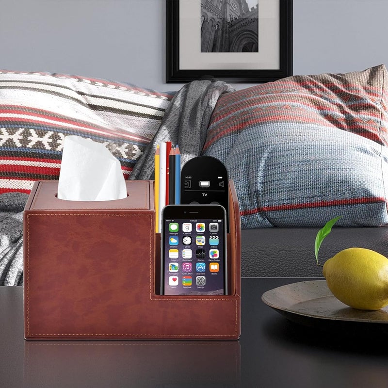 XNONE PU Leather Square Tissue Box Cover,Multifunctional Tissue Box Holder,Tissue Box with Storage,Tissue and Remote Control Holder,Tissue Box Decorative Desk Organizer for Home&Office,Brown - Image 2